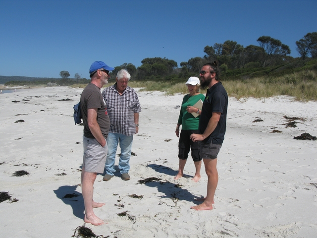 Four people standing on a sandy beach.