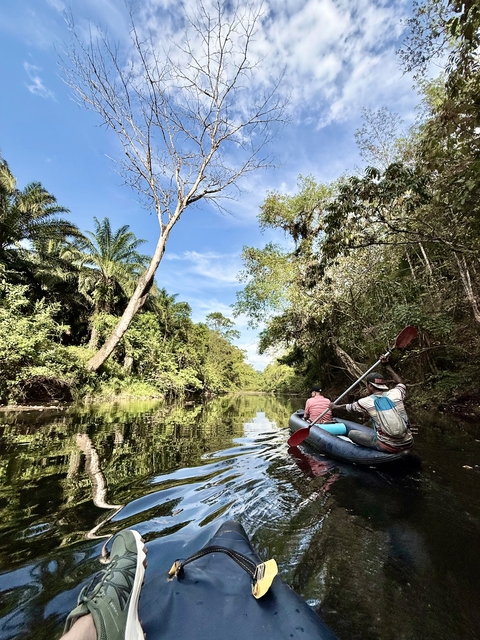       Two people paddling a canoe through lush jungle waters.
  