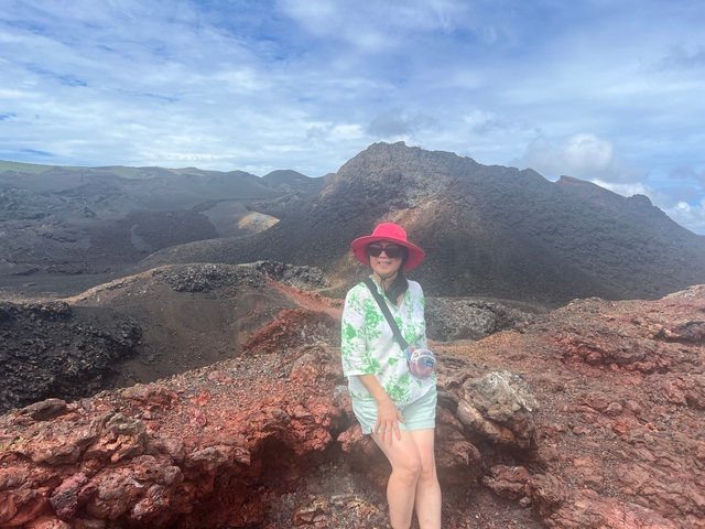       A person standing in front of a volcanic landscape with a clear sky.
  
