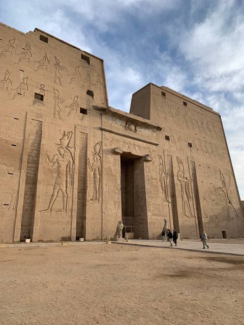       Temple facade with ancient carvings.
  