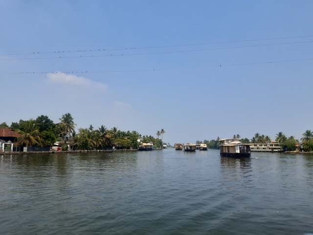       Scenic waterway with houseboats and lush surroundings
  