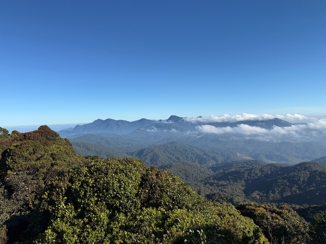 Vast mountain range covered in lush greenery with cloudy sky.