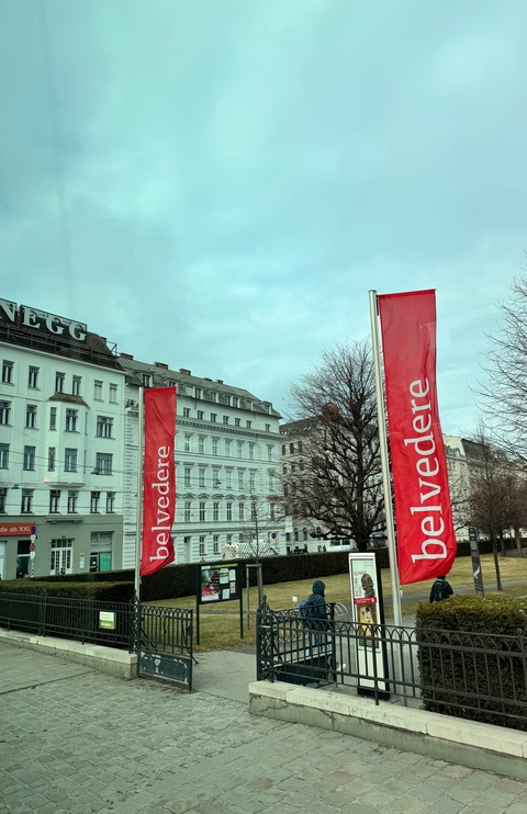 Street view with Belvedere flags in a city.