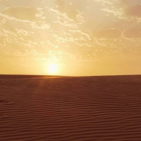 Sunset over sand dunes in a desert landscape.