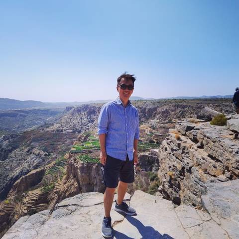 A person stands on a cliff overlooking terraced hills.