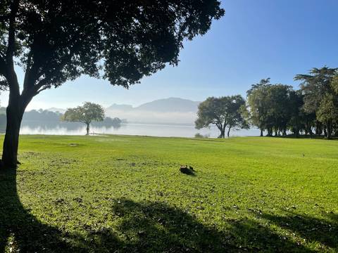       Scenic view of a park with a lake in the background.
  