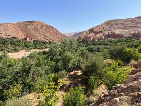Lush green valley with a village in the mountains.