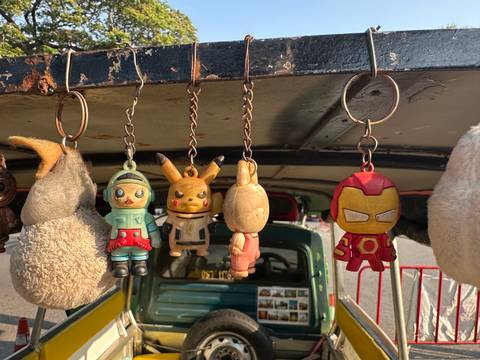       Collection of colorful character keychains hanging.
  
