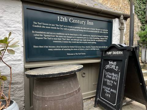       Sign for a 12th-century inn called The Turf Tavern.
  