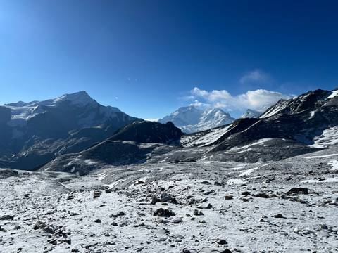 Snow-capped mountains and rugged terrain in the Himalayas.