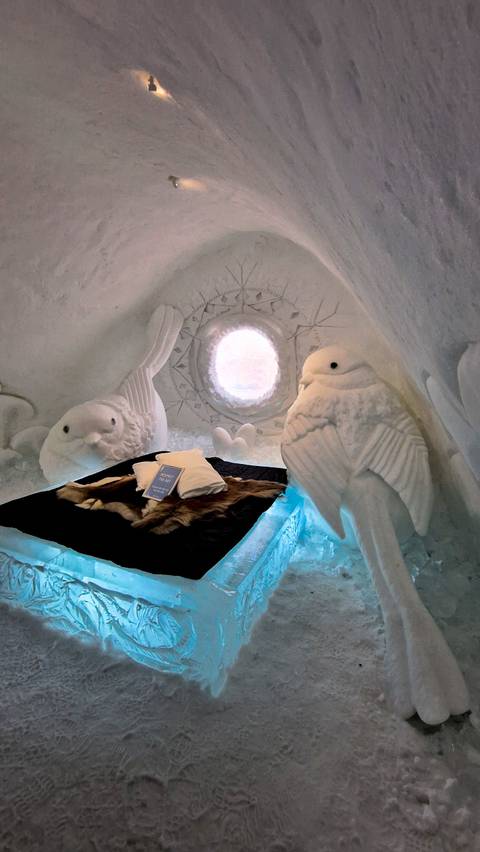 Snow and ice sculpture room with intricate carvings.