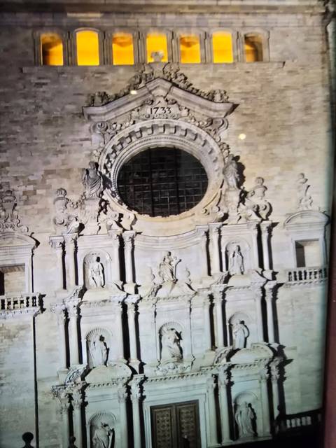 Close-up of a historical building facade at night.