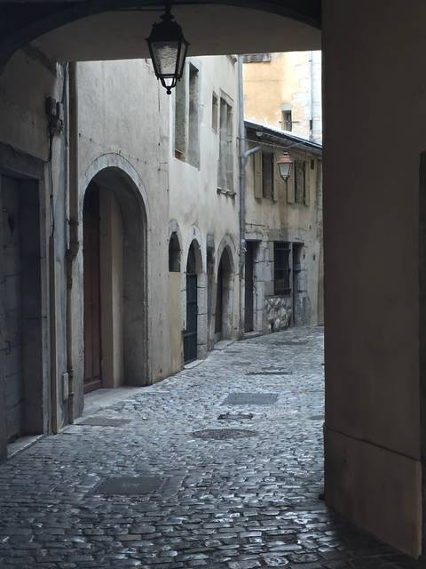 Narrow, cobblestone alleyway with archways.