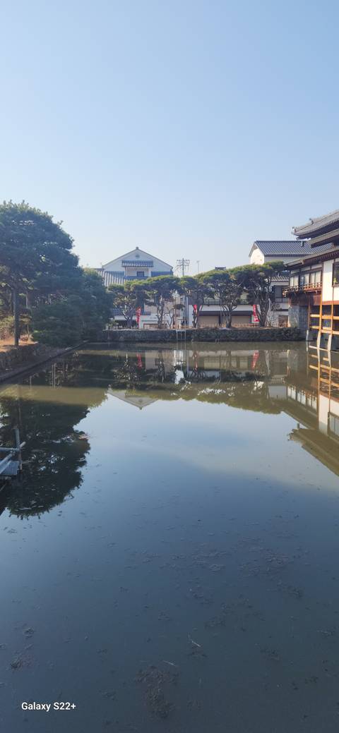       Traditional Japanese building reflected in a pond.
  