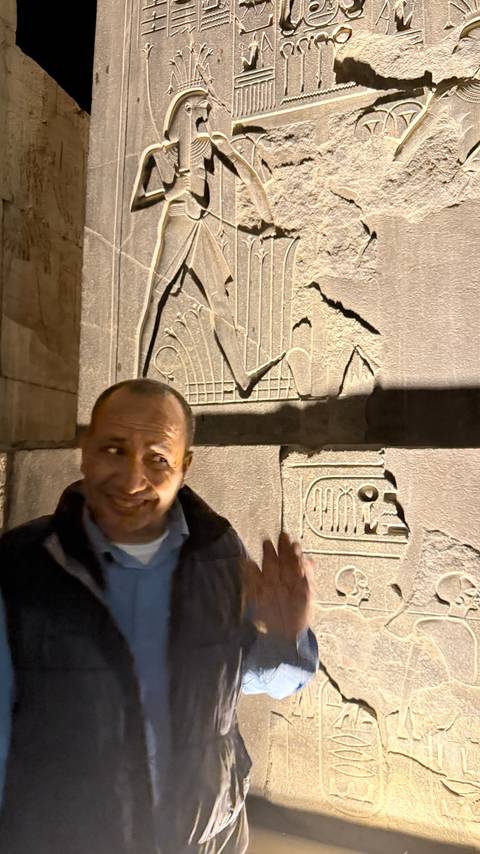       Person next to ancient Egyptian carvings on a stone wall.
  