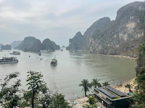       Boats scattered across a bay flanked by karst formations.
  
