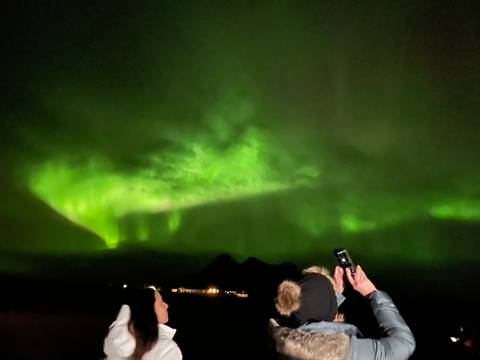       People observing the Northern Lights in the night sky.
  