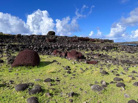 Rocky terrain with ancient ruins on Easter Island.