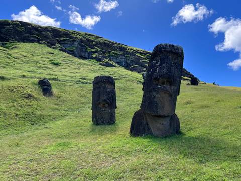 Moai statues partially buried in the grassy hillside on Easter Island.