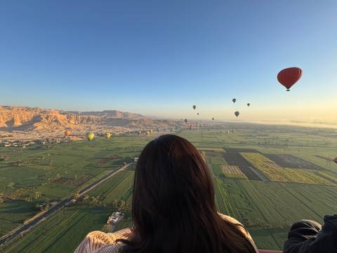       Hot air balloons over a lush green landscape with mountains in the background.
  