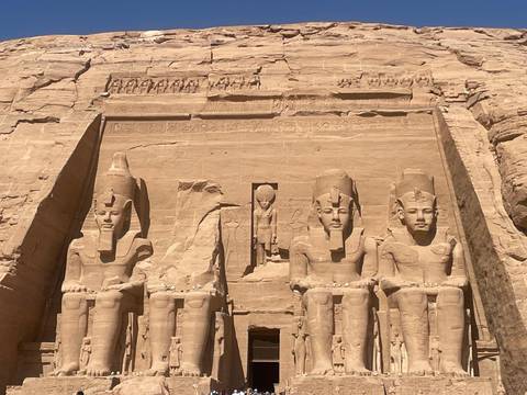 The massive rock-cut temple of Abu Simbel in the Egyptian desert.