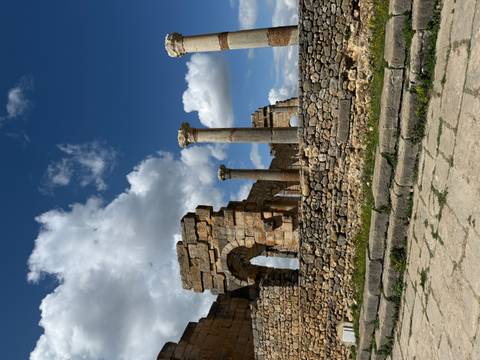 Ancient ruins with stone columns under a cloudy sky.