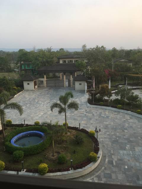       Paved entrance with surrounding greenery.
  