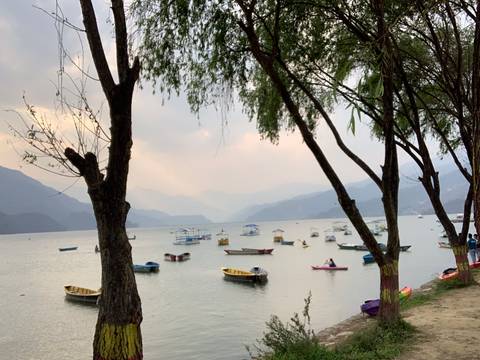       Lake with boats and mountains in the background.
  