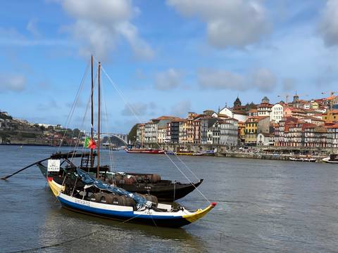       River view with traditional Portuguese boats and colorful cityscape.
  