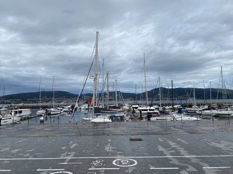      A harbor with numerous sailboats docked and hills in the background under a cloudy sky.
  