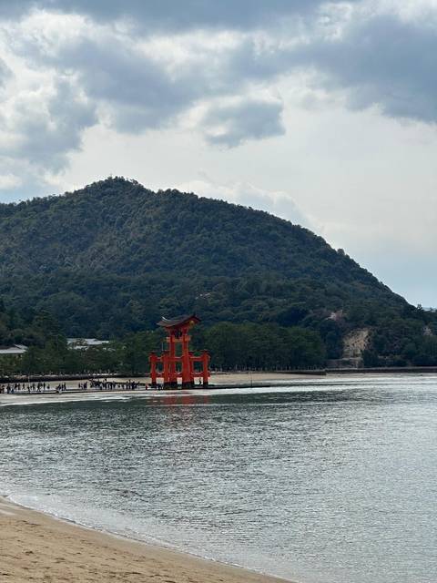 View of a torii gate in the water with a mountain in the background.