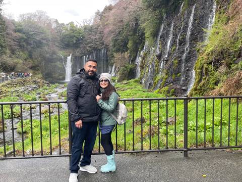       Couple standing in front of a scenic waterfall surrounded by greenery.
  