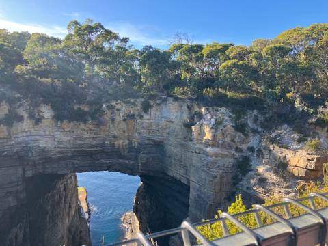 Natural rock arch formation with vegetation
