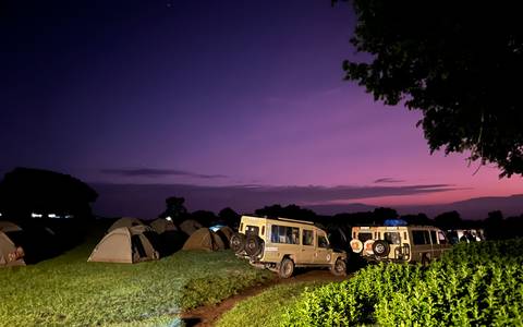       Camping site with vehicles at dusk
  