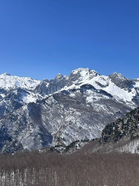       Snow-covered mountain peaks under a clear blue sky.
  