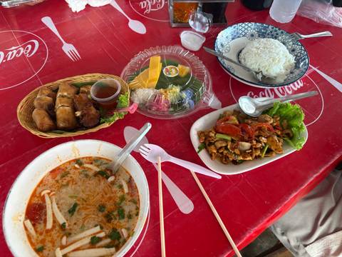 Spread of Asian dishes with rice and vegetables.