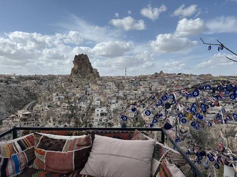 Panoramic view of Cappadocia with rock formations.