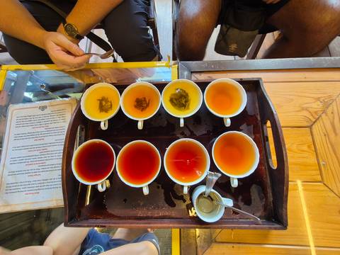       Row of various tea cups on a tray.
  