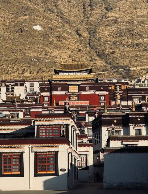 A traditional Tibetan monastery on a hillside.