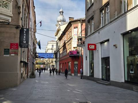       Busy street in a European city with pedestrians.
  