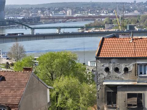       Riverside view with trees and bridges in the distance.
  