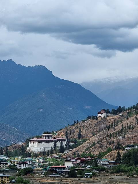       Group photo of people with a mountainous cityscape background.
  