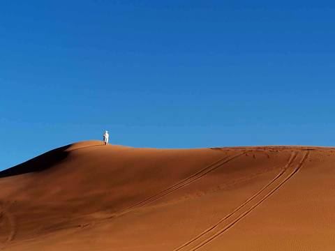 A lone figure standing on top of a dune.