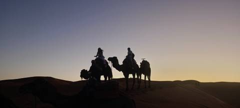 Silhouettes of people riding camels at sunset in the desert.