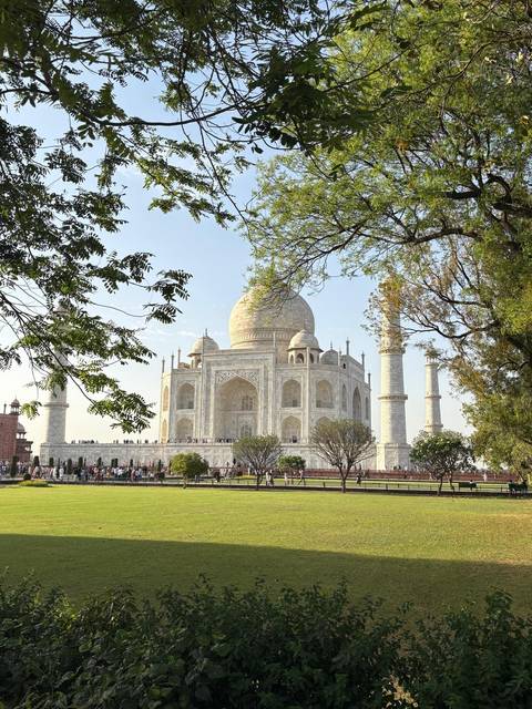 View of the Taj Mahal framed by trees.