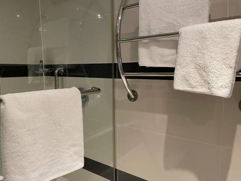Modern bathroom with towels on rails.