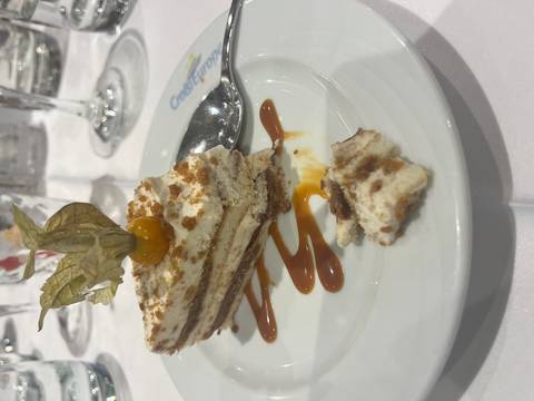 Plated dessert with caramel drizzle.