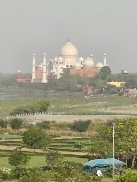 Upside-down distant view of the Taj Mahal.