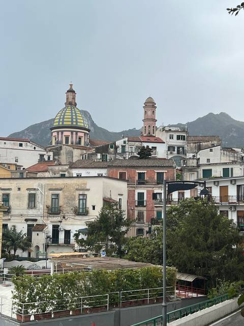 Cityscape with domed buildings and mountainous backdrop.