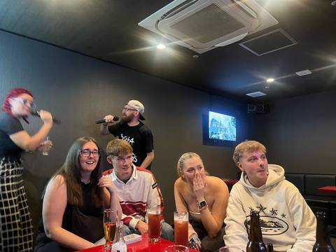       Group of people enjoying karaoke in a dimly lit room.
  
